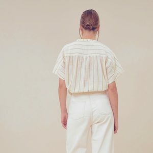 Linen Open Short Sleeve Cream Green Stripe Blouse/Blazer